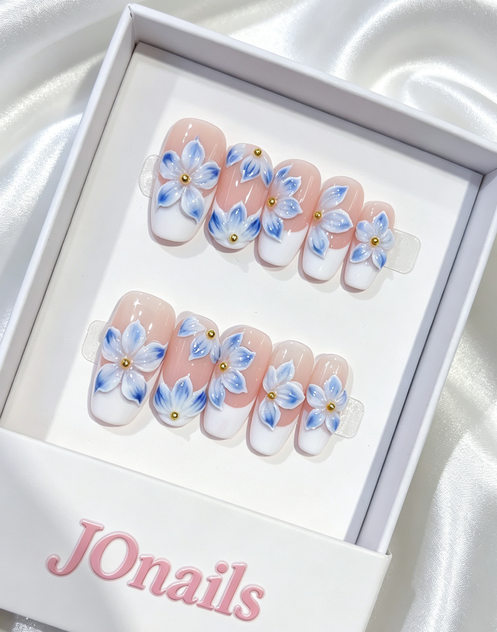 JOnails Blue Blossom handmade press-on nails in gift box