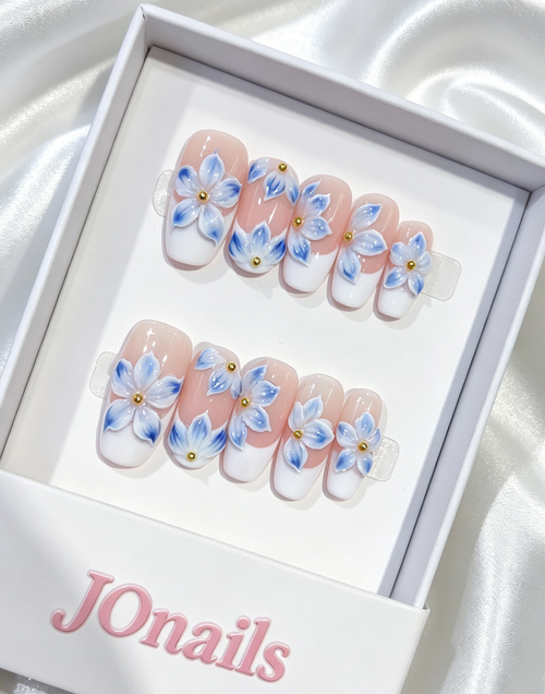 JOnails Blue Blossom handmade press-on nails in gift box