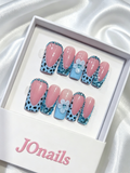 JOnails leopard print blue rhinestone 3D flower square press-on nails