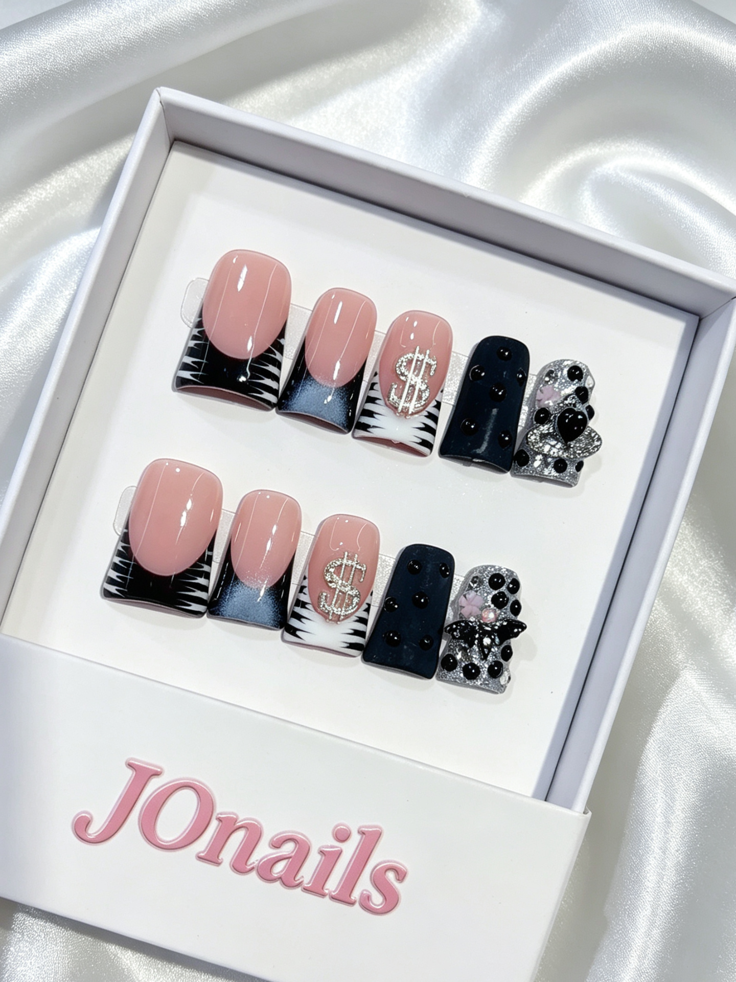 JOnails black pink dollar sign 3D bear square press-on nails