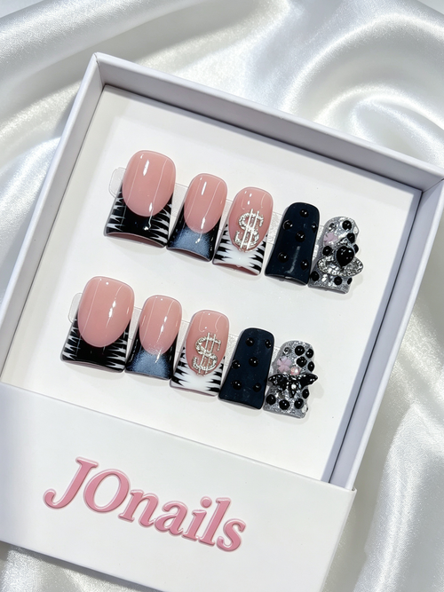 JOnails black pink dollar sign 3D bear square press-on nails