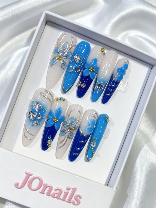 JOnails blue gradient 3D flower almond press-on nails