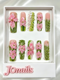 Handmade Press-On Nails Green Floral - JOnails
