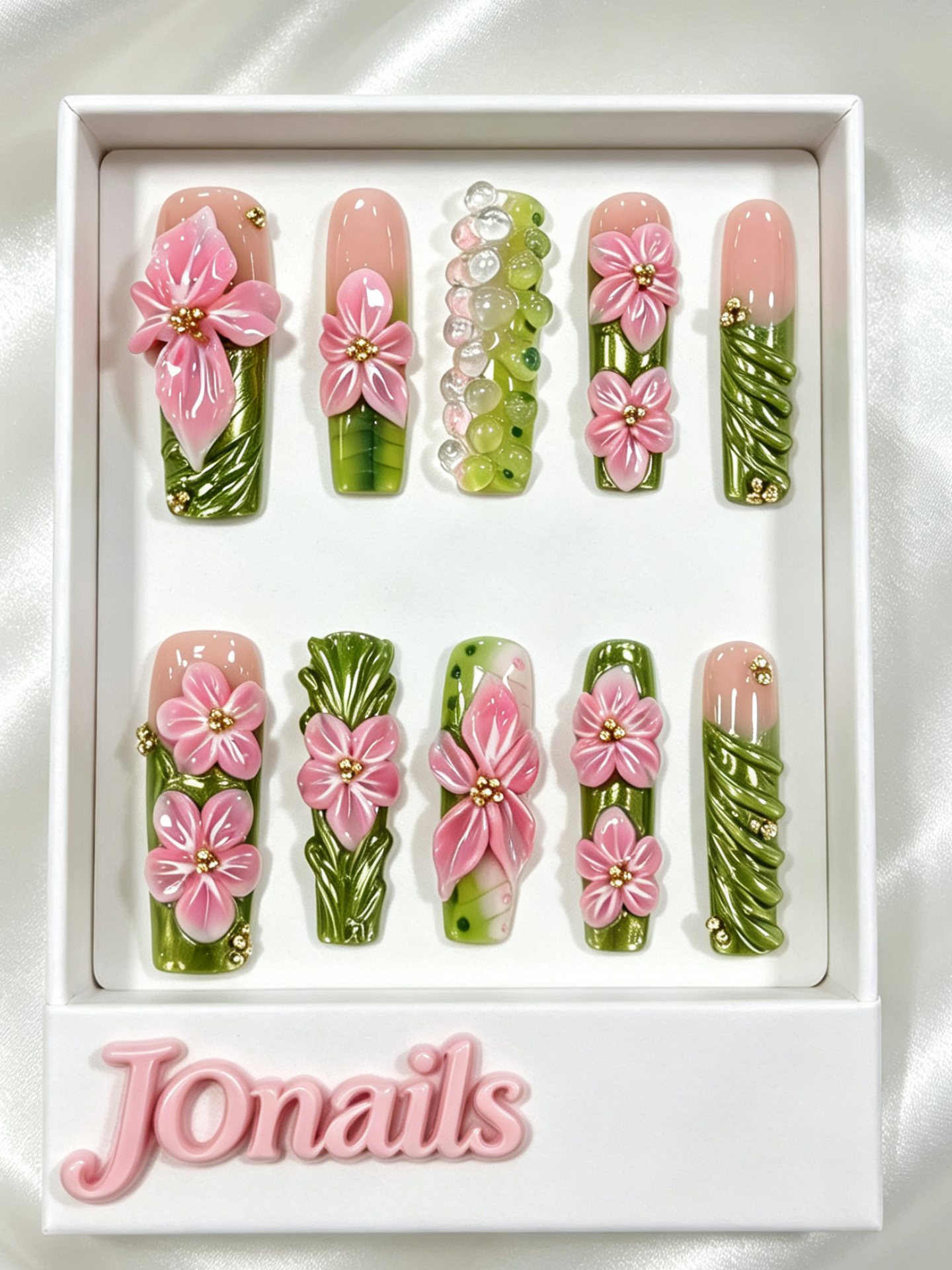 Handmade Press-On Nails Green Floral - JOnails